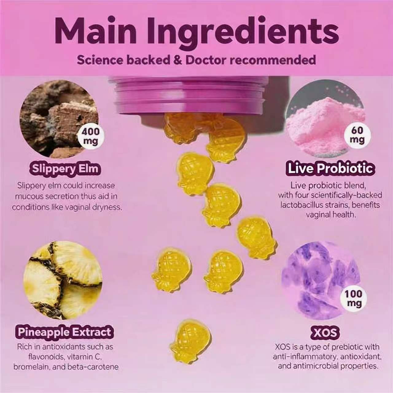 Docteat Her Juicy Feminine Probiotics Gummies- All in One Solution with Slippery Elm and Prebiotics&Lactobacillus Probiotic Blend for Women's pH Balance and Dryness - Hawaiian Pineapple Gummies 60 Counts Women's Probiotics