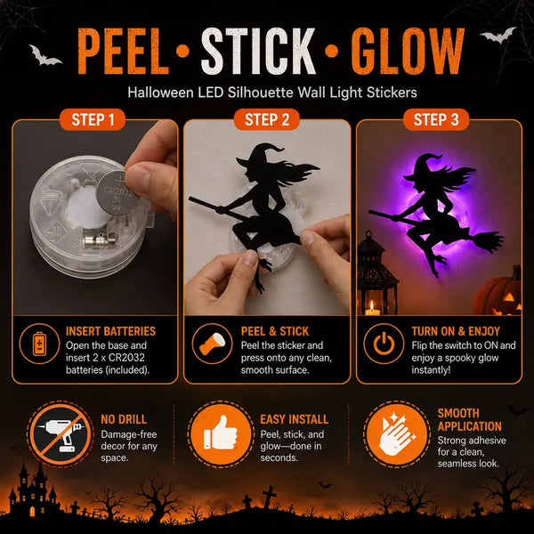 Halloween LED Silhouette Wall Light Stickers, Battery Powered Peel