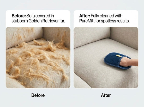 Before and after using PureMitt on a sofa